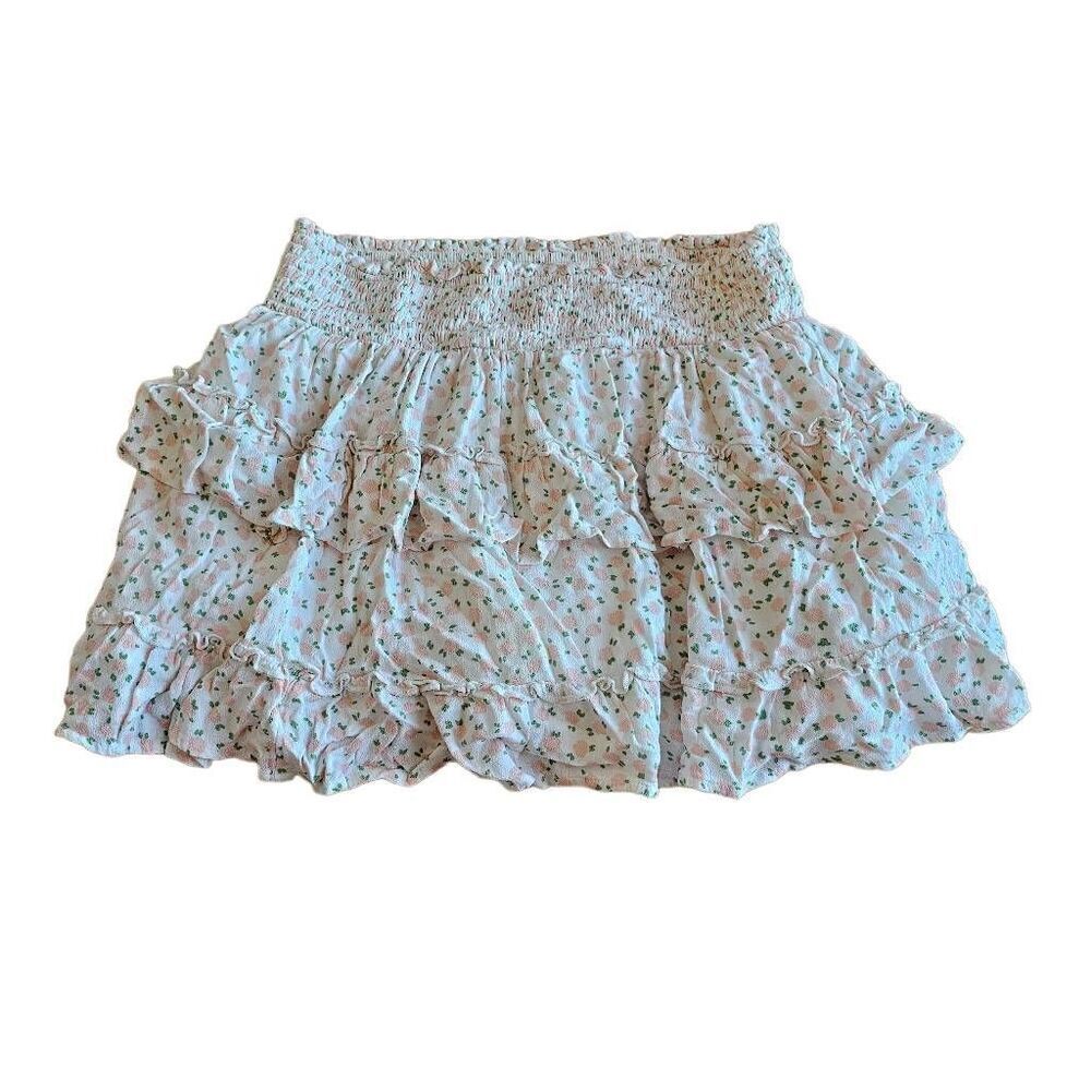 Aerie Women's juniors Sz M white pink floral layered ruffle mini skirt